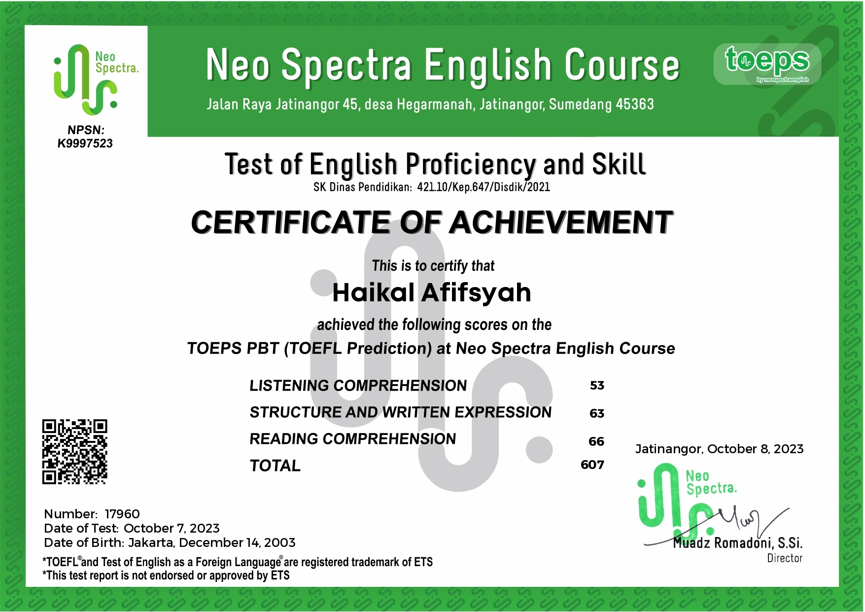 Certificate for TOEFL Prediction